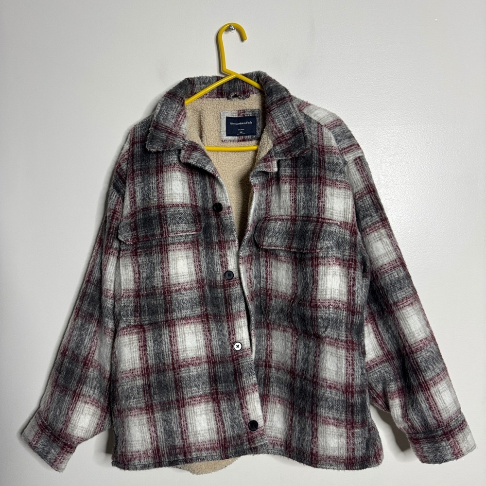 Abercrombie Fitch Men's Flannel Sherpa Lined Shirt Jacket XXL Burgundy White‎